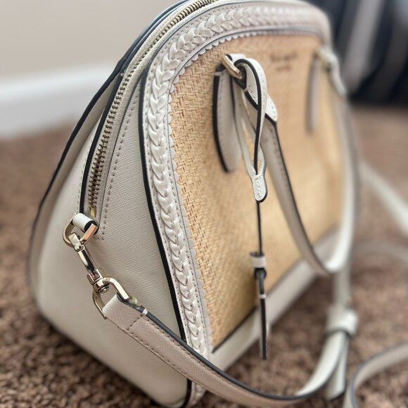 KATE SPADE White Leather Rattan Top Handle Tote Zipper Closure Crossbody Bag EUC - Picture 2 of 11